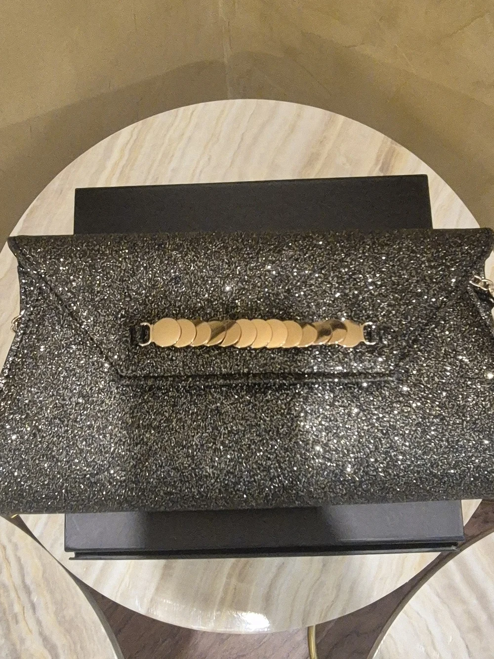 kate spade Black Glitter Envelope Clutch with Gold Chain